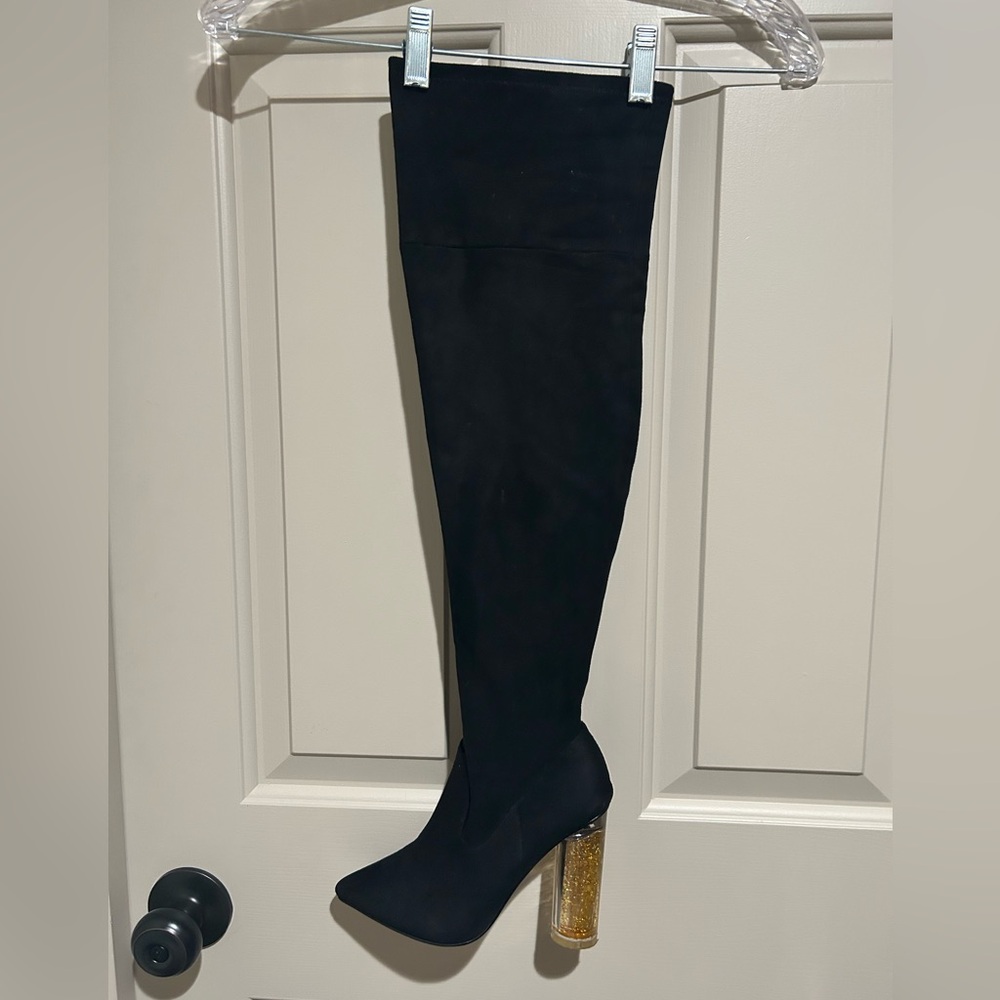 Black Over-the-Knee Boots with Gold Heel